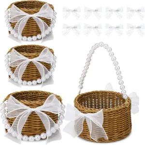 결혼식 부활절 정원 발렌타인 데이 장식을 위한 진주 손잡이와 보우 캔디 보관 바구니 4팩 플라워 걸 위커