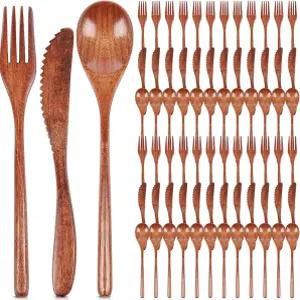 누엔엔 60개 나무 숟가락 포크 나이프 세트 식기 주방 재사용 가능한 자연 저녁 식사 식기류 가정 여행