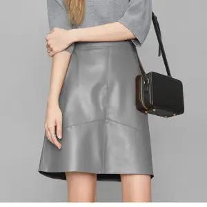 양가죽 A라인 하이웨스트 가죽 반하이 미디 스커트 그레이