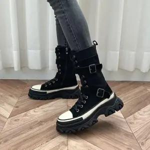 소가죽부츠 소가죽 배색 통굽 지퍼 미들기장 하이스니커즈Y