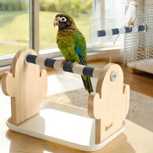 우드 버드 퍼치 스탠드 2-in-1 앵무새 휴대용 9.1 L*5.3 W*5.7 H 중소형 조류 놀이 스탠드(Cactus-White)