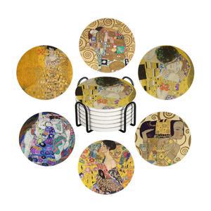 홀더가 있는 6개의 컵받침 테이블 원형 클림트 세라믹 흡수형 컵 보호용 아트 와인 컬렉션 커피 맥주 구스타프 바용