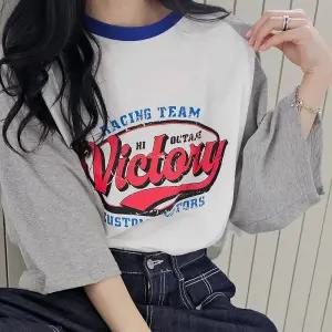 나그랑 프린팅 배색 반팔 롱 티셔츠 면 오버핏 여성 빅사이즈