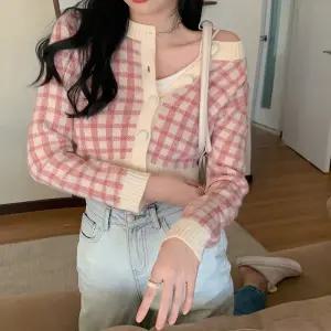 여사친 니트 가을 빈티지 하이웨스트 상의 긴팔 부드러운 카디건 스웨터 체크 쇼트 원픽3
