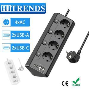 4웨이 콘센트 EU 멀티탭 서지 보호대 2 USB 및 타입 C 독립 스위치 코너 소켓 다중
