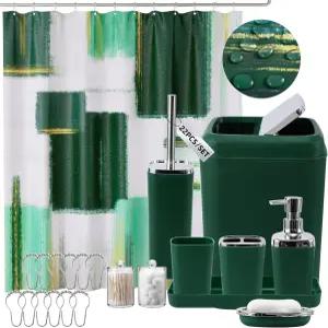 XLHOMO 다크 그린 욕실 액세서리 세트 샤워 커튼이 있는 쓰레기통이 비누 디스펜서 접시 변기 브러시 홀더