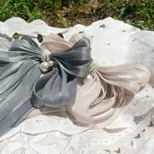 TBZ 포인트 슬림 세틴 라인 리본 진주 자동 헤어핀 5Color