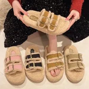 따뜻한 겨울 여성 더블 버클 신발 퍼 벨티드 슬리퍼