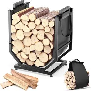 YENGOTH 장작 선반 운반 가방이 있는 실내/외 홀더 발 조절이 가능한 두꺼운 금속 벽난로 통나무 검은색