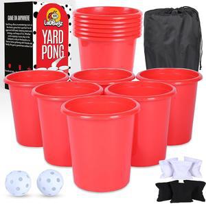 자이언트 야드 퐁 세트 - 실내 및 실외 게임 12개의 큰 양동이, 2개의 위플 볼(에어프리), 6개의 빈백 & 캐리백 성인 가족을 위한 휴대용 캠핑 또는 비치