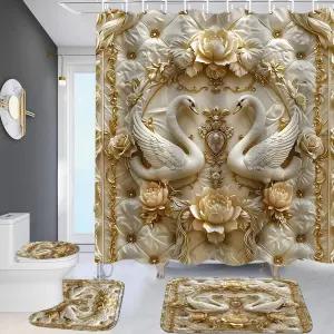 ZLQQ 4Pcs 3D 스완 샤워 커튼 세트 러그 릴 진주 욕실 미끄럼 방지 변기 뚜껑 커버 및 12 후크의 배스 매트