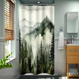 베이눅 작은 노점 안개 숲 샤워 커튼 36 x 72 하프 나로우 다크 그린 마운틴 우드랜드 트리 자연 경관 방수