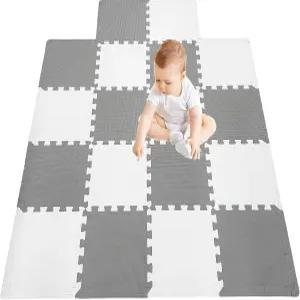 18피스 폼 플레이 매트 연동형 타일 바닥 퍼즐 운동 체육관 - 회색과 흰색 테두리 색상