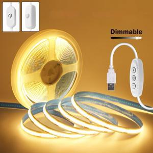 5V USB COB LED 스트립 조명 스위치디머 포함  자연광 백색 플렉시블 다이오드 테이프 캐비닛 TV 거울 백라