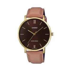 카시오 MTP-VT01GL-5B 라운드 남성 가죽 아날로그 시계