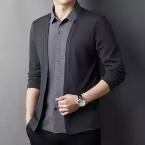 남친 니트 캐주얼 오피스룩 페이크 칼라넥 스췌터 봄가을 카디건 숄 칼라 배색 ST3