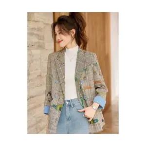 여자 정장 자켓 캐주얼 체크 코트 봄가을 프린트 BE3