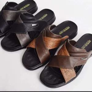 [RIZPICK]투톤 가죽 슬리퍼 남성 사무실 실내화 엑스 스트랩 편한 사무용