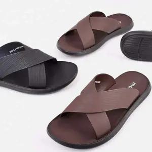 [RIZPICK]남성용 가죽 슬리퍼 엑스 스트랩 컴포트 편한 데일리 신발