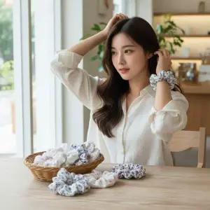 플라워 패턴 셔링 곱창밴드 머리끈 헤어슈슈 데일리 머리장식