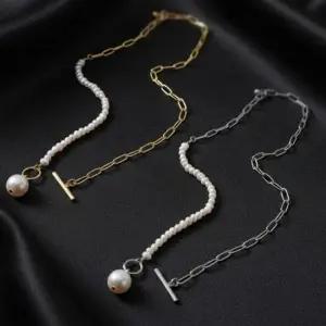 [패션] 골드 실버 고리 써지컬 담수진주 목걸이 심플 언발란스