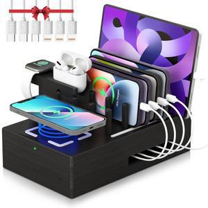 다푸 대나무 충전소 여러 기기 - Qi 인증 고속 무선 충전기 스마트폰 태블릿 스마트 워치 이어버드용 7개 USB 포트 우드 충전소(블랙)