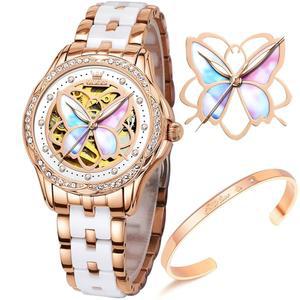 OLEVS 여성 자동 로즈 골드 다이아몬드 골격 야광 우아한 컬러풀 버터플라이 스테인리스 스틸 세라믹 스트랩 선물세트 시계