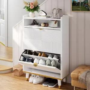 플립 서랍 2개가 있는 인디 신발 보관 캐비닛 금색 손잡이와 열린 선반이 좁은 숨겨진 현관 로비 복도용