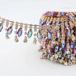 피어리 준 1야드 라인스톤 트림 체인 크리스탈 AB 골드 프린지 재봉 드레스 DIY 파티 웨딩 부케 장식 신부