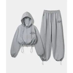 PRINOAR [SET] WOB 스트링 오버핏 크롭 투웨이 후드집업 + 원턱 스트링 팬츠 - 멜란지