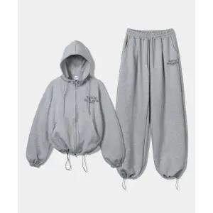 PRINOAR [SET] WOB 스트링 오버핏 투웨이 후드집업 + 원턱 스트링 팬츠 - 멜란지