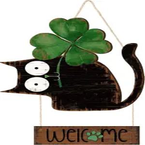 유커 세인트 패트릭의 날 문 장식 패트릭 고양이 환영 표지판 걸이 화환 나무 농가 소박한 샴록 클로버