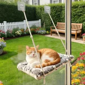 최대 30파운드의 고양이를 위한 접착 후크가 있는 접이식 고양이 창문 해먹 튼튼한 금속 프레임 조립이