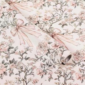 Ywdbzjhs 1롤 핑크 분홍색 보우 꽃 포장지 미니 롤 - 17인치 x 33피트 발렌타인 생일 결혼식 베이비샤워 약혼 신부 샤워를 위한 코켓 빈티지 플로럴 선물