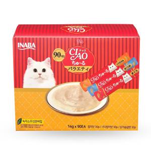 이나바 펫푸드 챠오 츄르 3가지맛 14g x90개 / 버라이어티팩 참치 가다랑어 닭가슴살 고양이 간식 대용량 CIAO