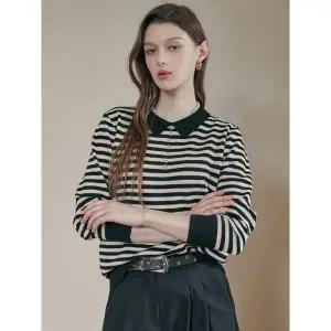 [마쟈]큐빅버튼 스트라이프 오픈카라 니트_P374974605
