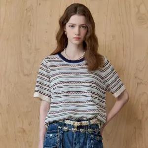 [MAXZA] 지그재그 스트라이프 라운드넥 반팔 니트