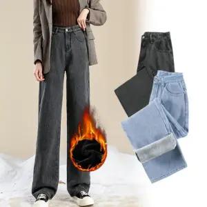 청바지 여자 데님팬츠 블랙 겨울 밍크 융 와이드 통바지 키작녀 기모 연청