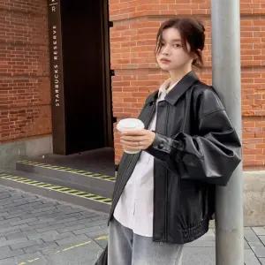 [베스트TOP100]여자 2컬러 오버 카라 집업 페이크 레더자켓 가죽점퍼