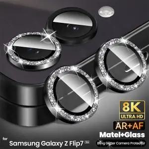 삼성 호환 갤럭시 Z 플립 7 Flip7 ZFlip7 5G용 글리터 다이아몬드 메탈 카메라 보호 링 케이스 9H 강화유리