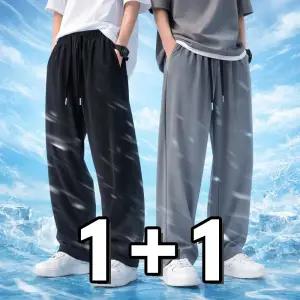 원+원 남성 와이드 슬랙스바지 여름 냉감 고무줄 밴딩 통큰 일자팬츠