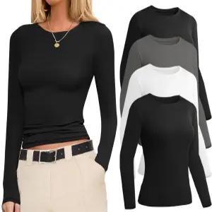 Ekouaer 4팩 여성용 긴팔 베이직 셔츠 핏 운동 상의 운동용 언더스트럽 언더셔츠 XS-XXL