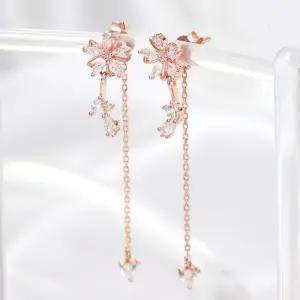 골드필드핀귀걸이 14K 골드필드 핀 큐빅 플라워 롱 드롭 일자침 귀걸이 로즈골드귀걸이