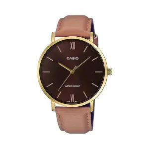 카시오 MTP-VT01GL-5B 라운드 남성 가죽 아날로그 시계