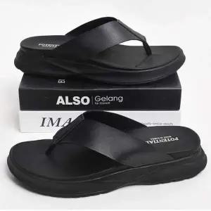 [RIZPICK]남성 베이직 블랙 조리 4cm 굽 가죽 슬리퍼 쿠션 쪼리 샌들