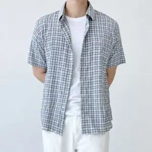 남성 오버핏 여름 체크 반팔 남방 여유핏 데일리 통기성 시어서커 스판 셔츠