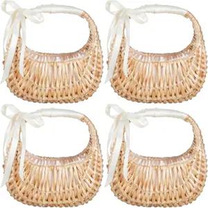 키푸라제 4PCS 플라워 걸 손잡이가 달린 보호 작은 위커 이스터 꽃잎 사탕 보관 벌크 결혼식 피크닉 정원