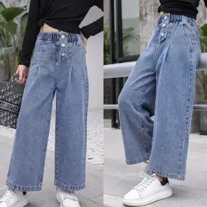 [삐삐네옷가게]여아 초등학생 쓰리버튼 밴딩 봄가을 와이드 청바지 데님 단품