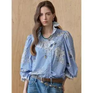 [마쟈]플라워 드로잉 레이스 프릴 스트라이프 블라우스_P390764038