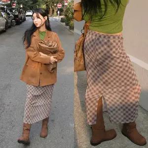[모코블링]체크 슬릿 롱스커트 밴딩스커트 체크스커트 롱스커트 슬릿스커트